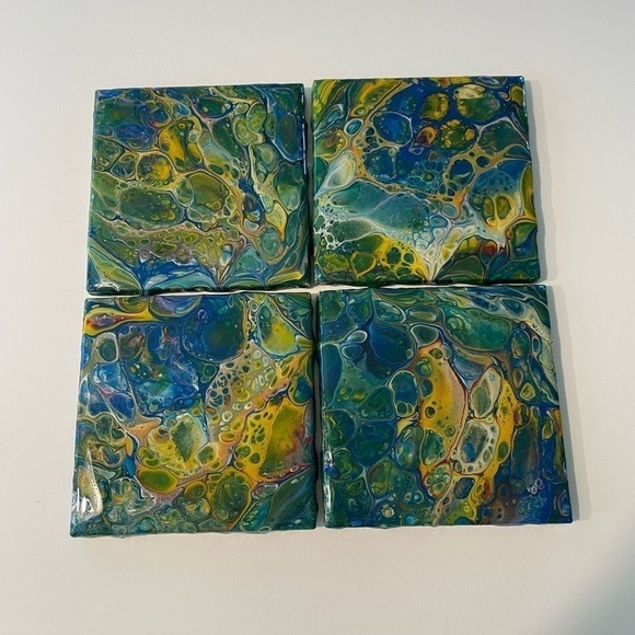 Set of 4 hand painted coasters. Sealed with resin cork backing Blues & greens - Picture 5 of 6
